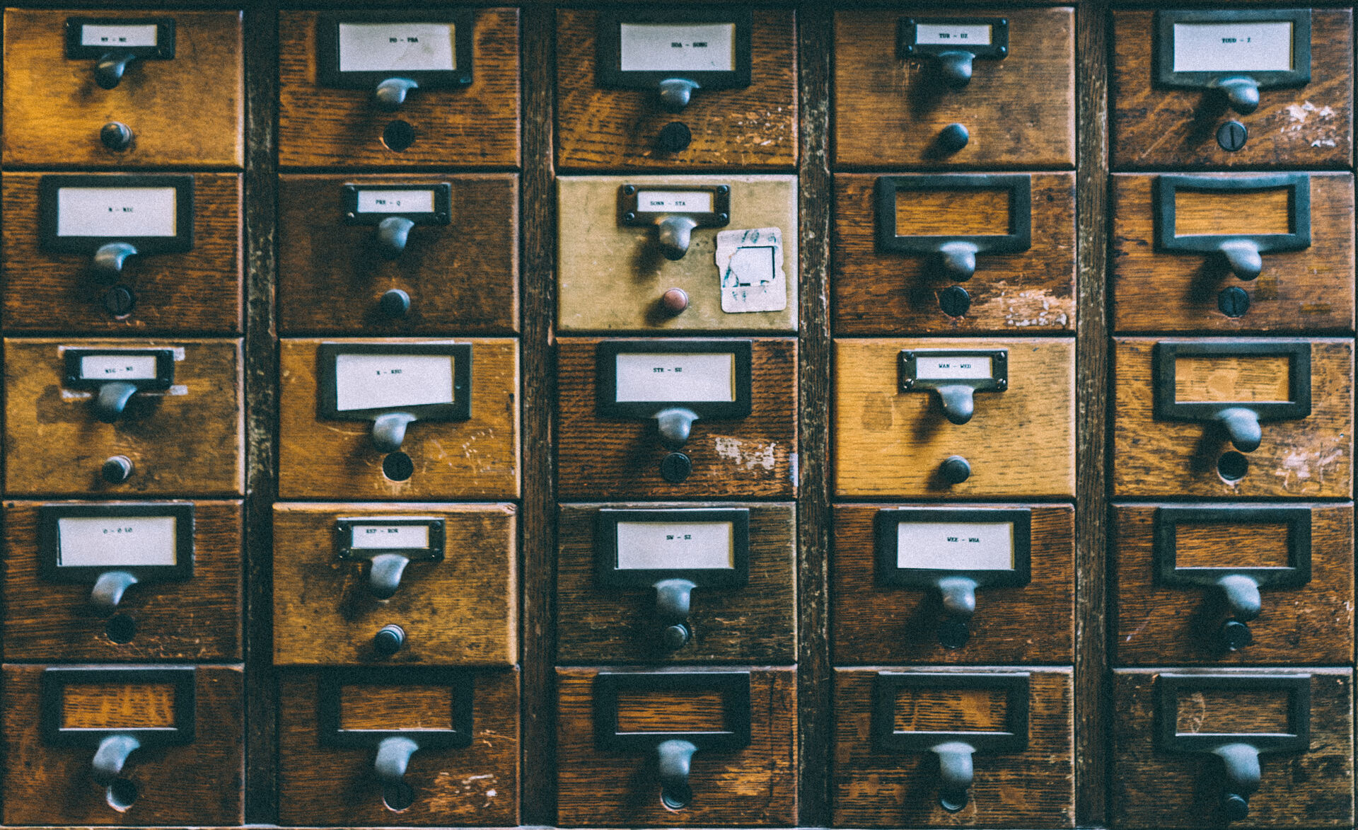 Rows of timber card catalogue drawers